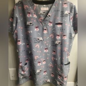 Ladies White Cross Pug Scrub Top Size Large